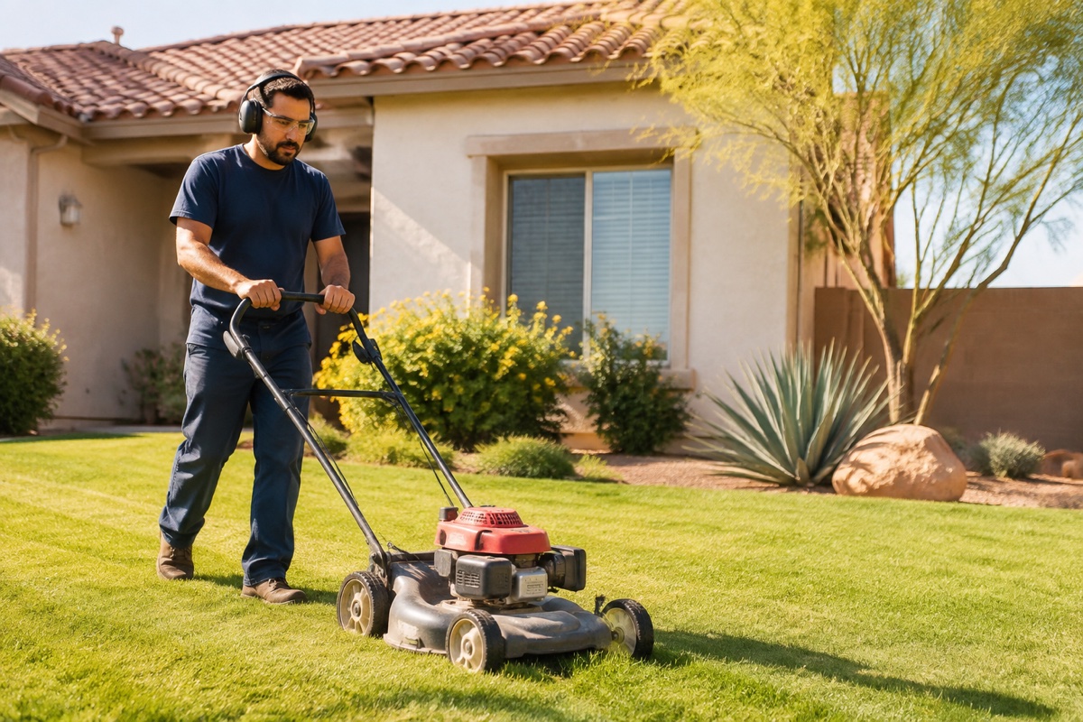 Illustrative lawn-care scene with a worker mowing a residential yard